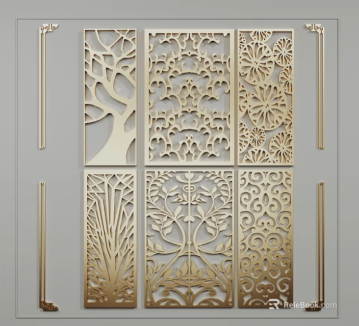 Modern Decorative Room Dividers With Gold-Toned Metal And Intricate Cutout Floral Tree Patterns 3d model 