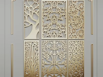 Modern Decorative Room Dividers With Gold-Toned Metal And Intricate Cutout Floral Tree Patterns 3d model