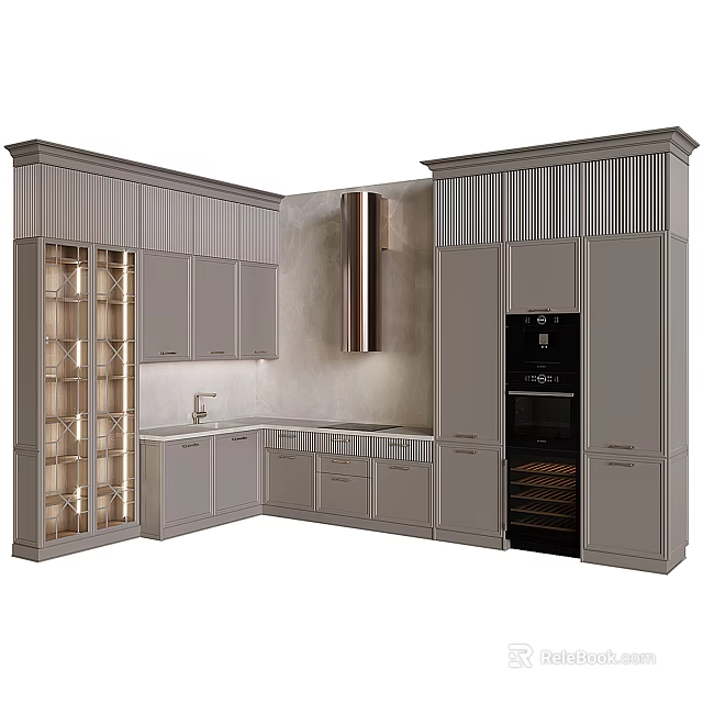 Modern Gray Kitchen Cabinets With Glass Door Wine Storage Built-in Appliance And Countertop 3d model 
