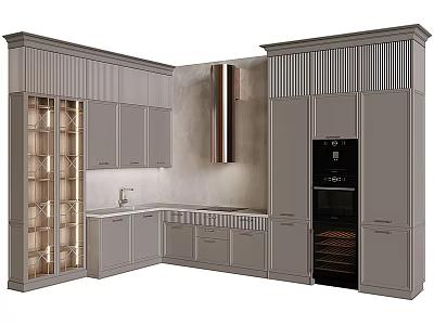 Modern Gray Kitchen Cabinets With Glass Door Wine Storage Built-in Appliance And Countertop 3d model