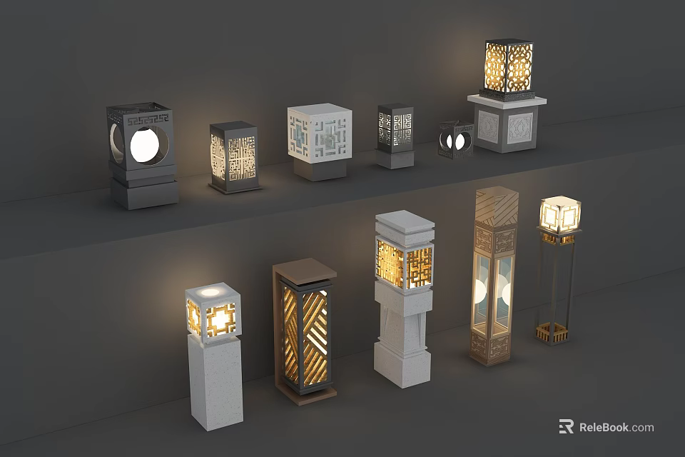 Outdoor Lights With Various Modern Designs Decorative Patterns And Illuminated Garden Decor 3d model 