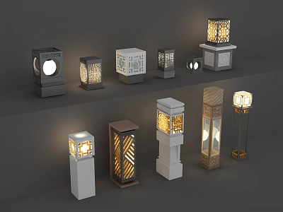 Outdoor Lights With Various Modern Designs Decorative Patterns And Illuminated Garden Decor 3d model