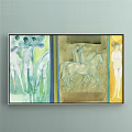 Vintage Artwork Featuring Running Horses Riders Arched Doorway People Yellow And White Flags