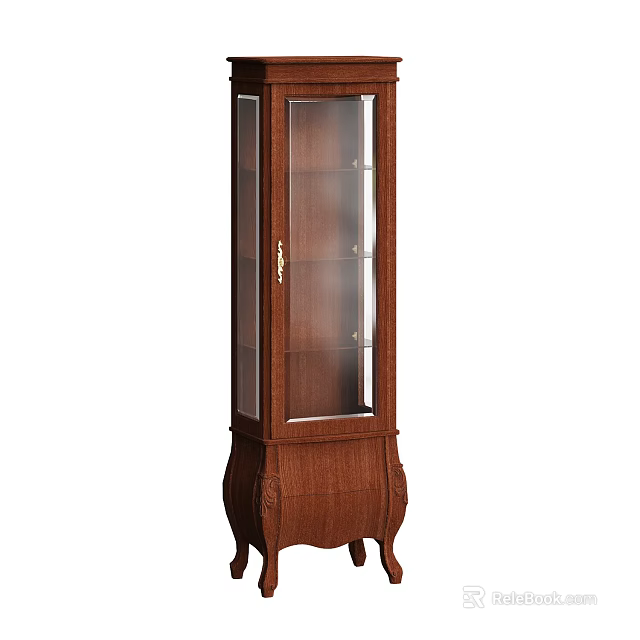 Tall Wooden Storage Cabinet With Glass Door And Ornate Carved Legs 3d model 