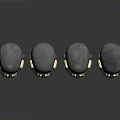 Four Human Head Models Wearing Gold And Green Mechanical Headgear On Reflective Surface