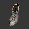 White Classic Sneakers With Green Logo Accents And Distressed Worn Vintage Design Details