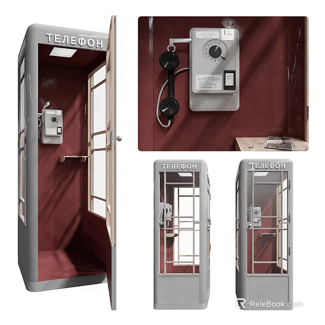 Traditional Public Telephone Booth With Classic Dial Phone And Glass Door Structure 3d model 