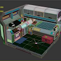 Compact Modern Living Space With Kitchen Bed Green Floor Bookshelf Red Box And Blue Lighting