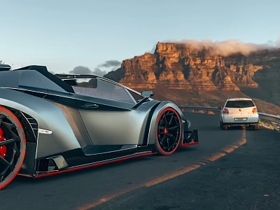 Sleek Grey Sports Car With Side Hinged Door Driving On Mountain Road At Sunset 3d model