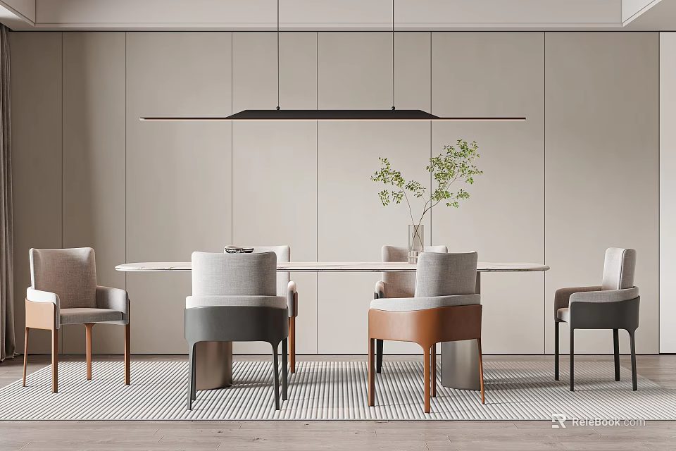 Modern Dining Table Set With White Table Multicolor Chairs Green Plant And Hanging Light 3d model