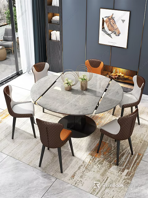 Modern Elegant Dining Table Set with Round Marble Top and Six Brown White Upholstered Chairs 3d model 