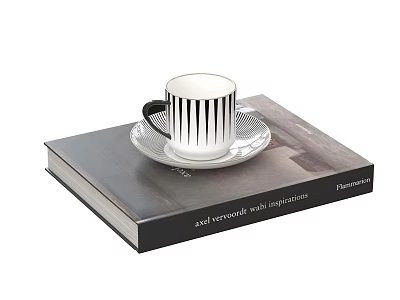 Stylish White Cup With Black Stripes And Handle On Silver Saucer Over Black Book 3d model