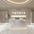 Modern Beauty Hair Salon Interior With Stylish Reception Desk And Product Shelves