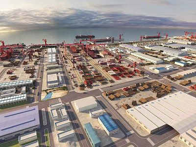 Large Scale Industrial Warehouse Complex With Cargo Handling Cranes And Storage Yards 3d model