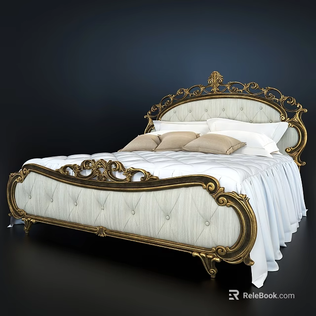 Ornate Classic Double Bed With Gold Carved Headboard And Upholstered Footboard White Bedding Beige Pillows 3d model 