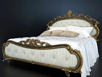 Ornate Classic Double Bed With Gold Carved Headboard And Upholstered Footboard White Bedding Beige Pillows 3d model
