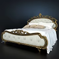 Ornate Classic Double Bed With Gold Carved Headboard And Upholstered Footboard White Bedding Beige Pillows