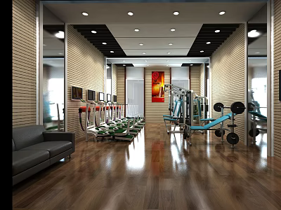 Modern Gym Interior With Treadmills Fitness Equipment Wooden Floors And Red Decorative Painting 3d model