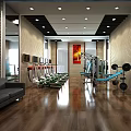 Modern Gym Interior With Treadmills Fitness Equipment Wooden Floors And Red Decorative Painting