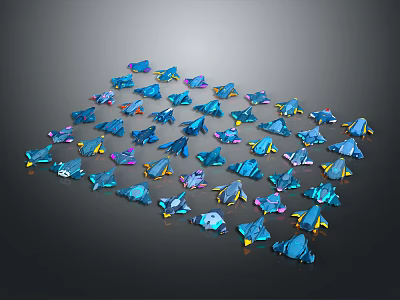 Colorful Transparent Fish Shaped Decorations in Blue and Purple Scattered on Black Background 3d model