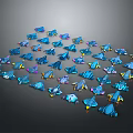 Colorful Transparent Fish Shaped Decorations in Blue and Purple Scattered on Black Background