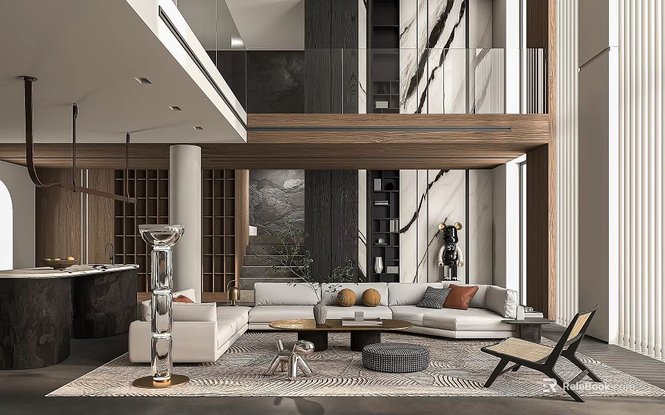 Modern Living and Dining Room Interior Design With Sofa Dining Table Art and Pendant Lights 3d model 