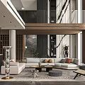 Modern Living and Dining Room Interior Design With Sofa Dining Table Art and Pendant Lights