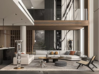 Modern Living and Dining Room Interior Design With Sofa Dining Table Art and Pendant Lights 3d model