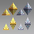 3D Rendered Decorative Geometric Scene Components With Gold Blue Pyramids Polyhedrons And Ornate Circular Decorations