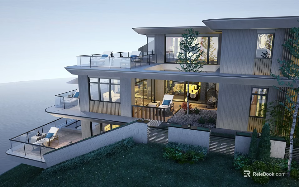 Modern Detached Villa Exterior Featuring Multiple Terraces Large Windows Greenery Lawn And Outdoor Seating 3d model 