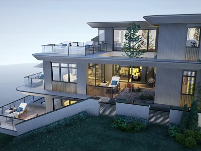 Modern Detached Villa Exterior Featuring Multiple Terraces Large Windows Greenery Lawn And Outdoor Seating 3d model