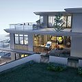 Modern Detached Villa Exterior Featuring Multiple Terraces Large Windows Greenery Lawn And Outdoor Seating