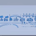 Blue Urban City Architecture Model With Various Buildings Bridges And Roads