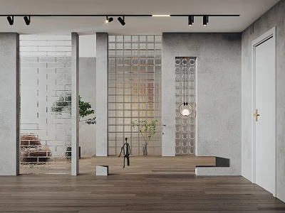 Modern Interior Design With Glass Block Partition Gray Walls Plants And Wooden Flooring 3d model