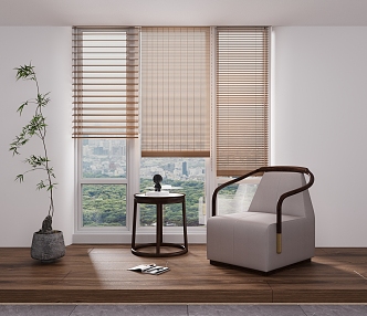 New Chinese Style Leisure Chair Corner Several Side Green Planting Wood Flooring Bamboo Curtain 3d model