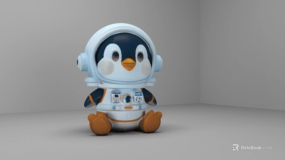 Adorable Penguin Astronaut Toy In White Spacesuit With Blue Details And Orange Feet 3d model 