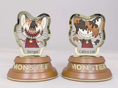 Trophies Featuring Cartoon Bengal And Calico Cat With MONSTER Base Design 3d model