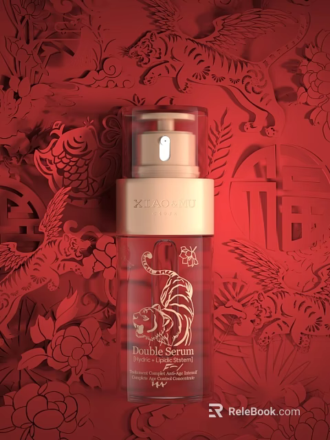ZHAOYAO Cosmetic Bottle With Golden Tiger Design On Red Traditional Pattern Background 3d model 