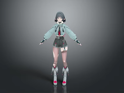 Woman With Short Gray Hair In Futuristic Tech Style Clothing Standing With Hands Open 3d model