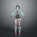 Woman With Short Gray Hair In Futuristic Tech Style Clothing Standing With Hands Open