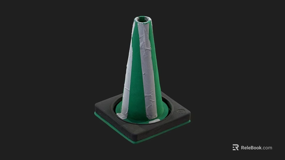 Green And Gray Striped Traffic Cone With Square Black Base And Reflective Strips 3d model 