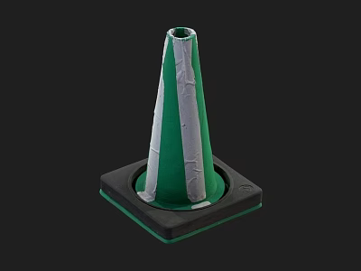 Green And Gray Striped Traffic Cone With Square Black Base And Reflective Strips 3d model