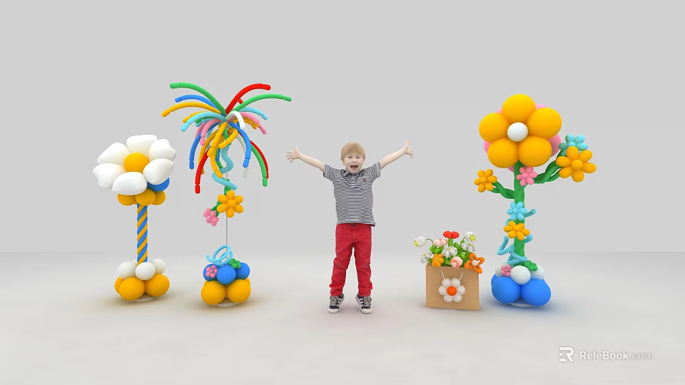 Child Standing With Arms Outstretched By Colorful Balloon Flowers And Decorations 3d model 