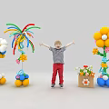 Child Standing With Arms Outstretched By Colorful Balloon Flowers And Decorations