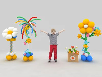Child Standing With Arms Outstretched By Colorful Balloon Flowers And Decorations 3d model