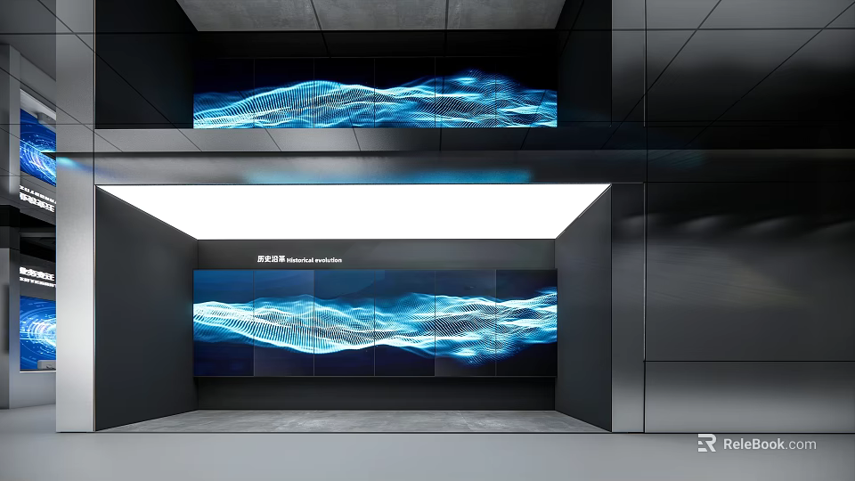 Modern Interior Space Featuring Blue Wave Pattern Screens And ELEKTRA Branding 3d model
