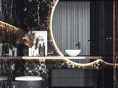 Modern Bathroom Vanity with Black Marble Countertop Round Mirror Elegant White Basin Lighting Design 3d model