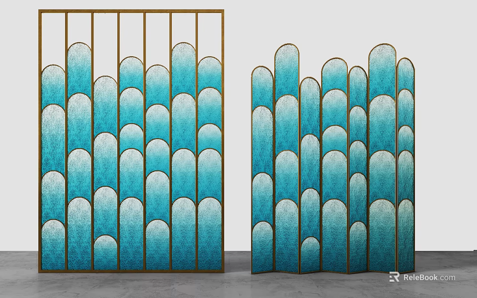 Modern Interior Room Divider With Golden Frame And Blue Scalloped Panels 3d model 