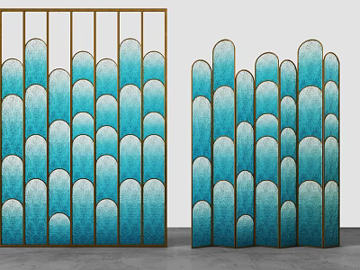 Modern Interior Room Divider With Golden Frame And Blue Scalloped Panels 3d model