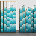 Modern Interior Room Divider With Golden Frame And Blue Scalloped Panels